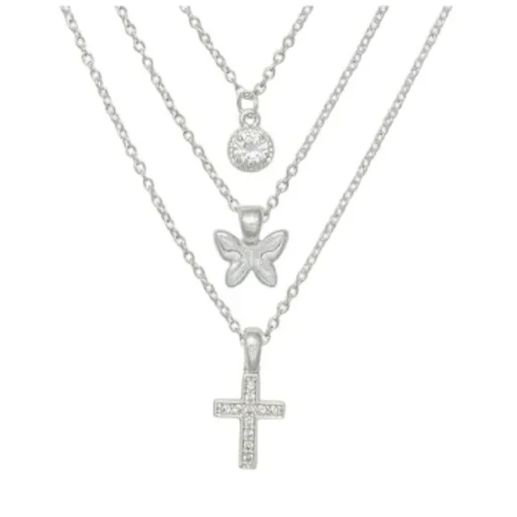 NEW Silvertone 18" Necklace Set with Cubic Zirconia, Butterfly, and Cross Charms - Picture 2 of 3
